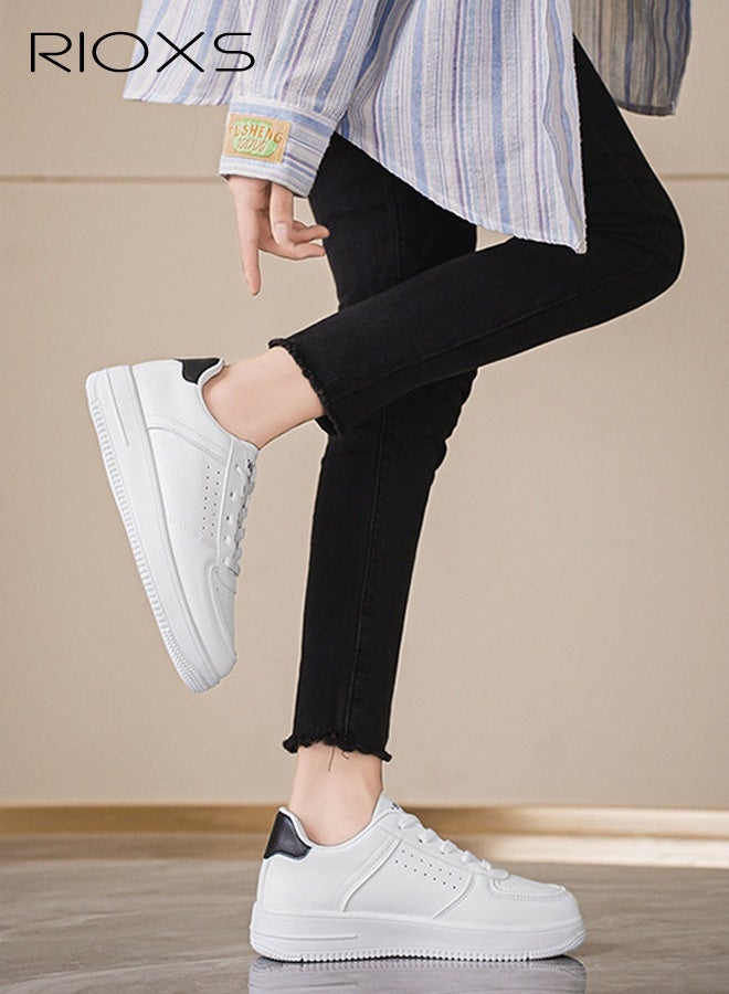 RIOXS Women's Classic White Sneakers, Casual Lightweight Leather Platform Sneakers, Breathable Sports Shoes Comfortable Walking Shoes for Ladies, Trendy Low Top Sneakers Versatile Leisure Shoes Tennis Shoes for Shopping Work Travel and Daily Wear, White&Black - Image 3